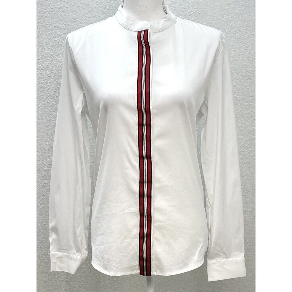 HALOGEN Womens MEDIUM White L/S Button-Up SHIRT Blouse Red Grosgrain Placket EUC